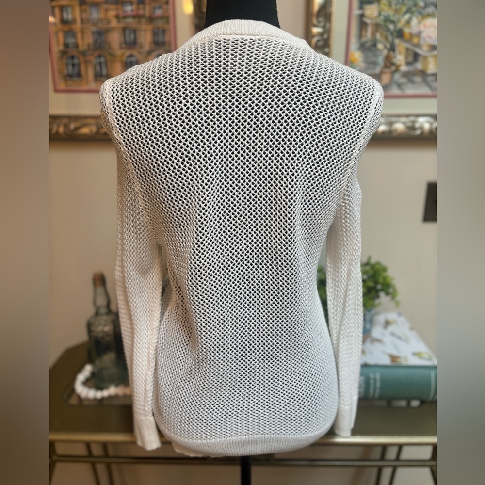 ANN TAYLOR White Button-Up Textured Open Knit Mesh Nautical Cardigan Size M-L - Picture 4 of 7